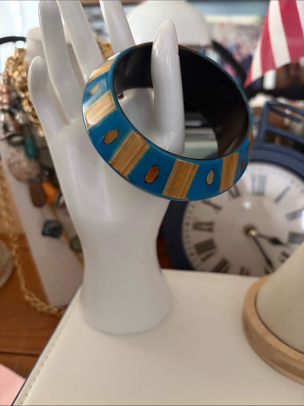 Vintage Turquoise and Bamboo Inlaid Patterned Bangle Bracelet